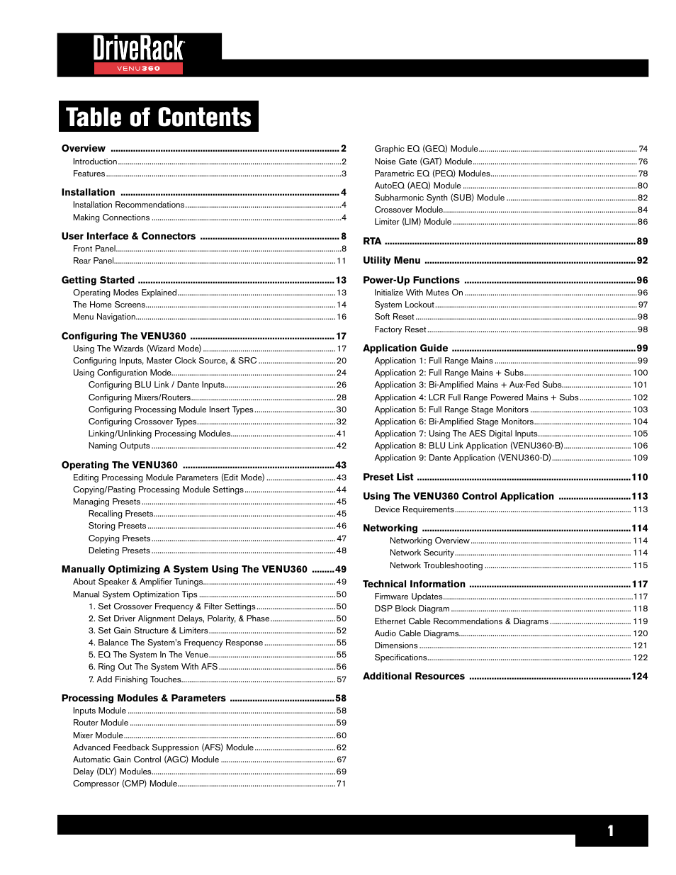 dbx DriveRack VENU360 Loudspeaker Management System User Manual | Page 3 / 127