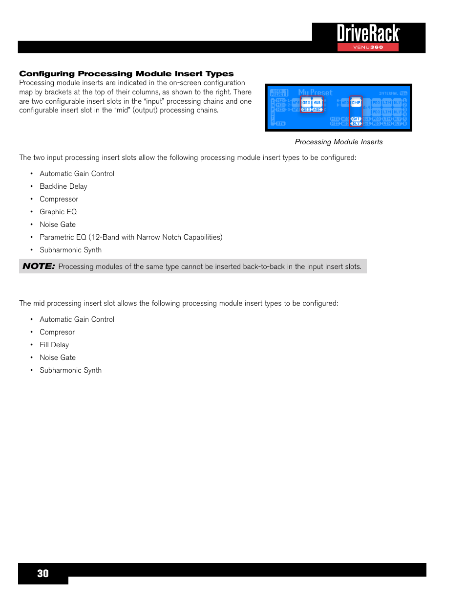 Configuring processing module insert types, For more information on how to use the | dbx DriveRack VENU360 Loudspeaker Management System User Manual | Page 32 / 127