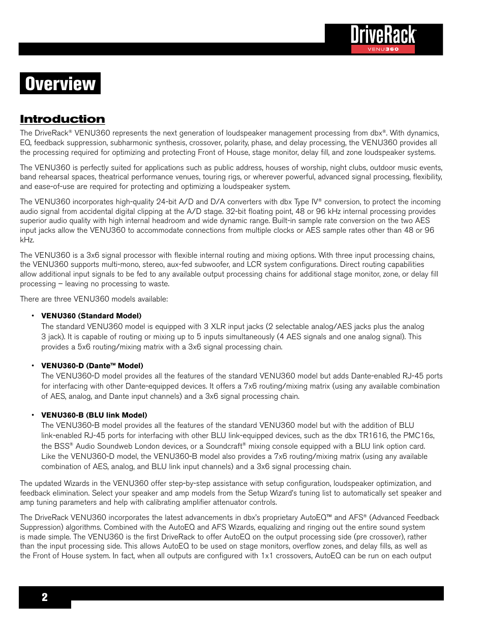 Overview, Introduction | dbx DriveRack VENU360 Loudspeaker Management System User Manual | Page 4 / 127