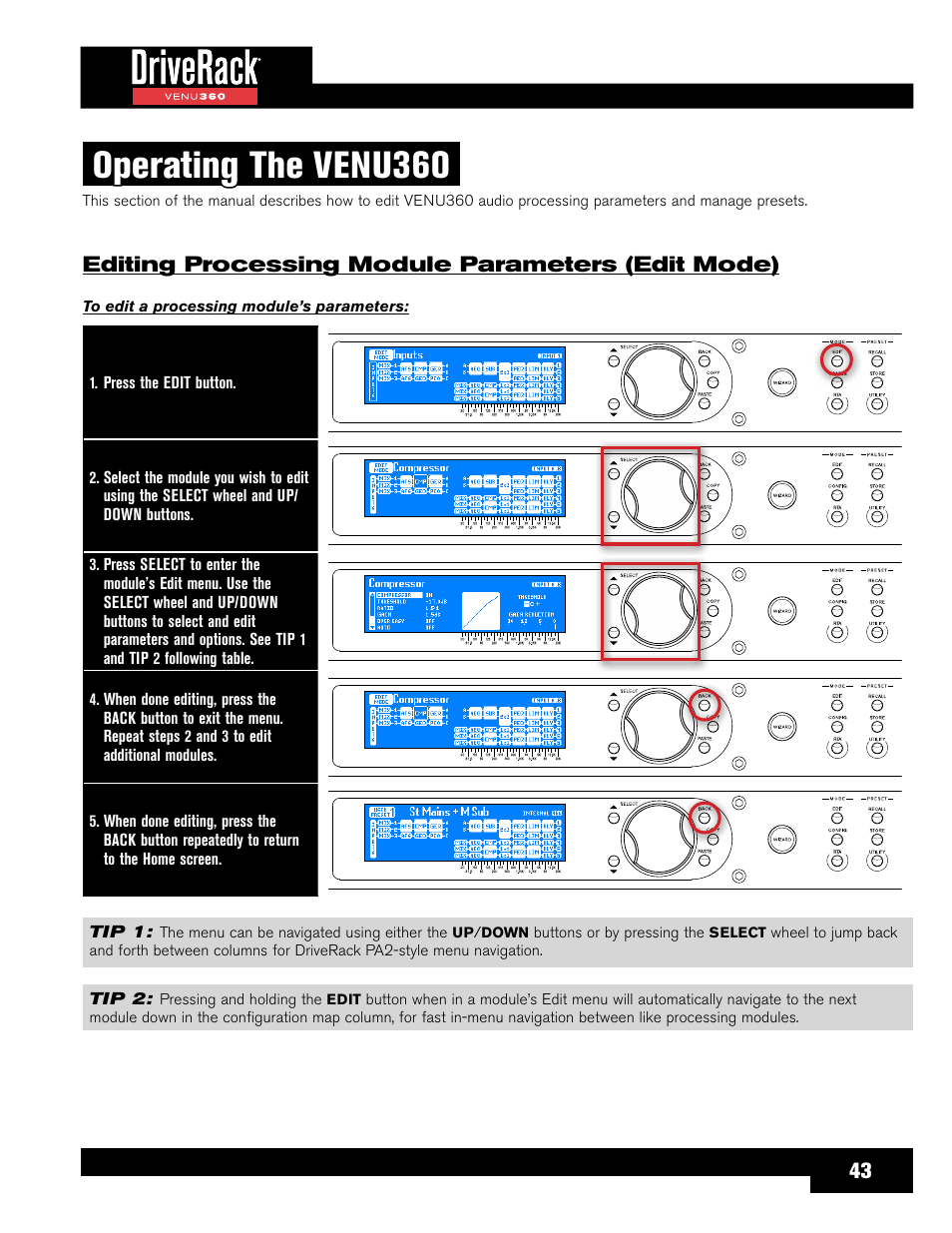 Operating the venu360, Editing processing module parameters (edit mode), Or more information on using edit mode, see | Editing processing | dbx DriveRack VENU360 Loudspeaker Management System User Manual | Page 45 / 127