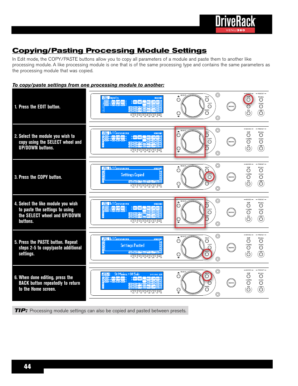 Copying/pasting processing module settings, 44 copying/pasting processing module settings | dbx DriveRack VENU360 Loudspeaker Management System User Manual | Page 46 / 127