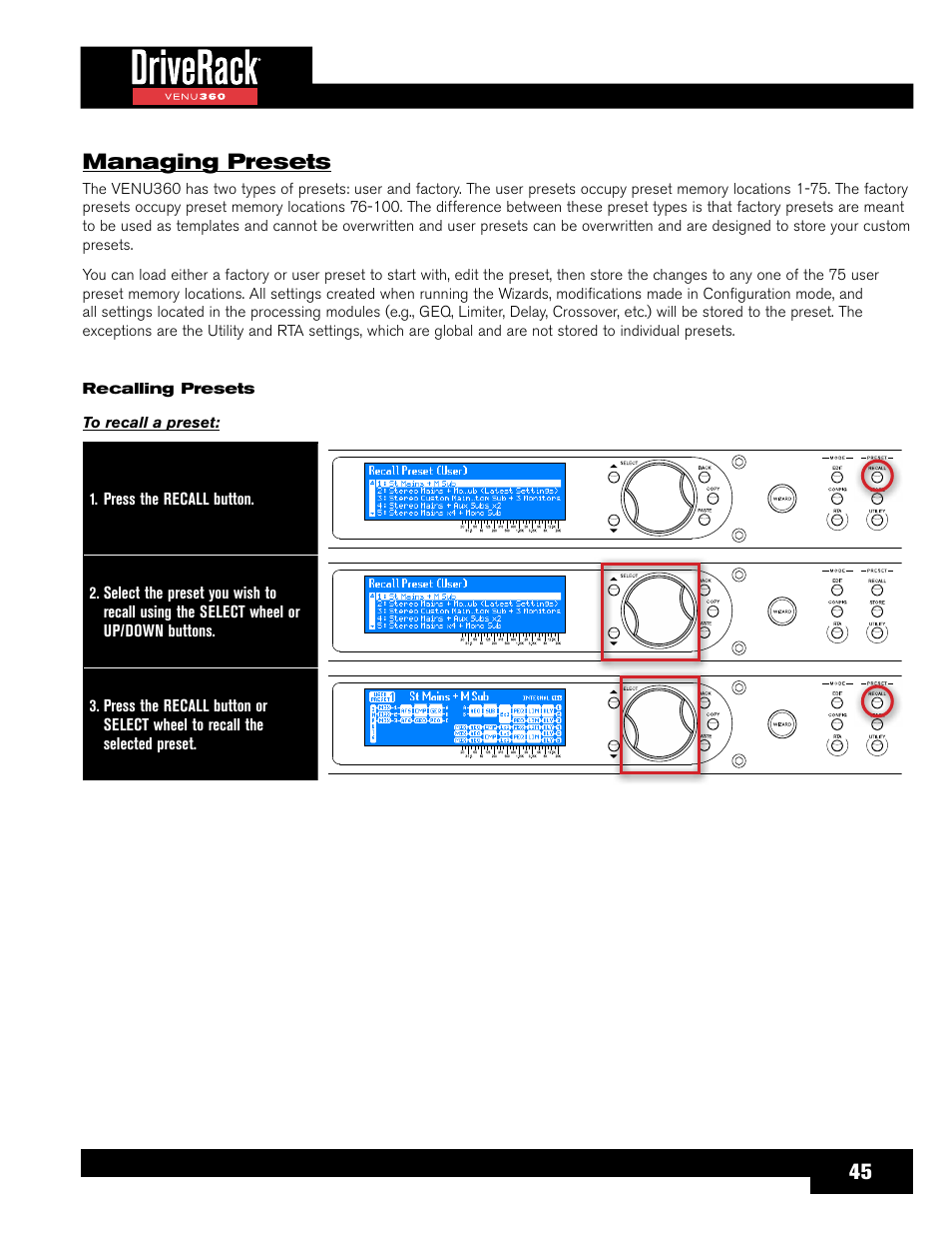Managing presets, Recalling presets, Or more information on managing presets, see | Managing, 45 managing presets | dbx DriveRack VENU360 Loudspeaker Management System User Manual | Page 47 / 127