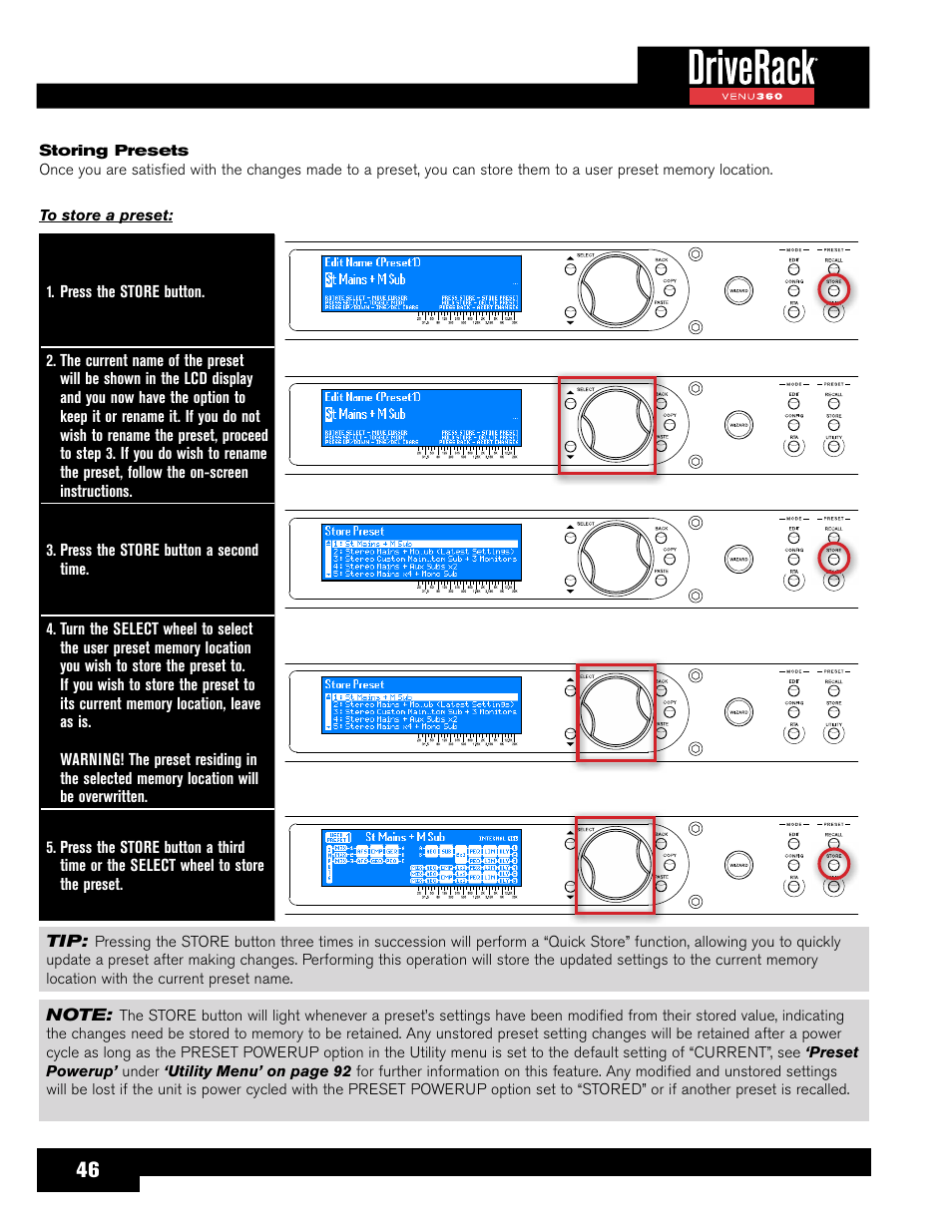 Storing presets | dbx DriveRack VENU360 Loudspeaker Management System User Manual | Page 48 / 127