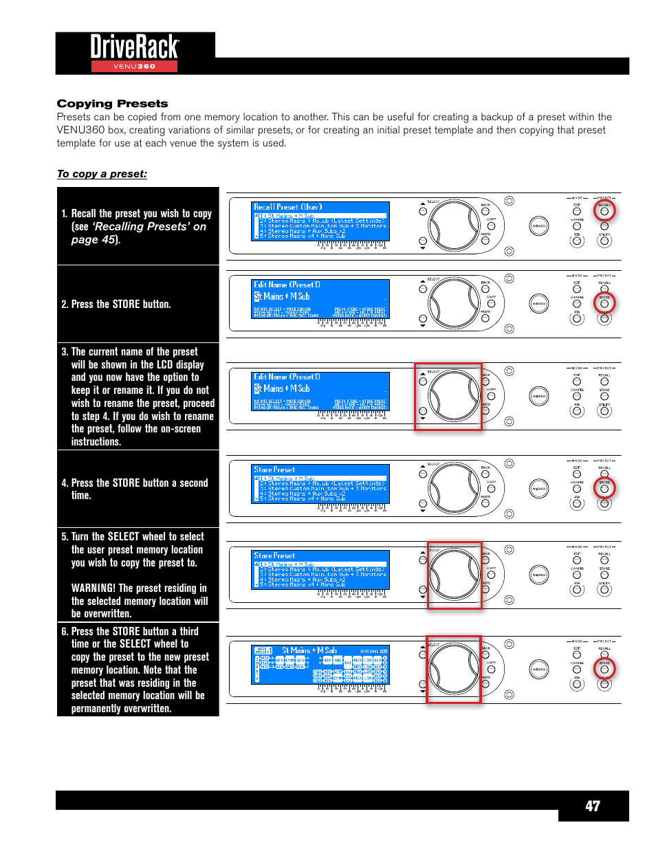 Copying presets | dbx DriveRack VENU360 Loudspeaker Management System User Manual | Page 49 / 127