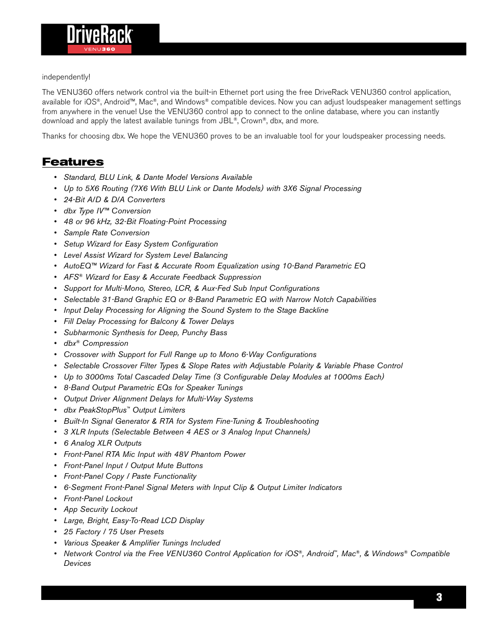 Features | dbx DriveRack VENU360 Loudspeaker Management System User Manual | Page 5 / 127