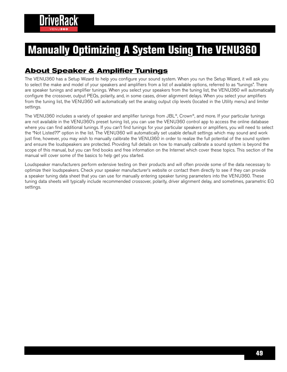 Manually optimizing a system using the venu360, About speaker & amplifier tunings | dbx DriveRack VENU360 Loudspeaker Management System User Manual | Page 51 / 127