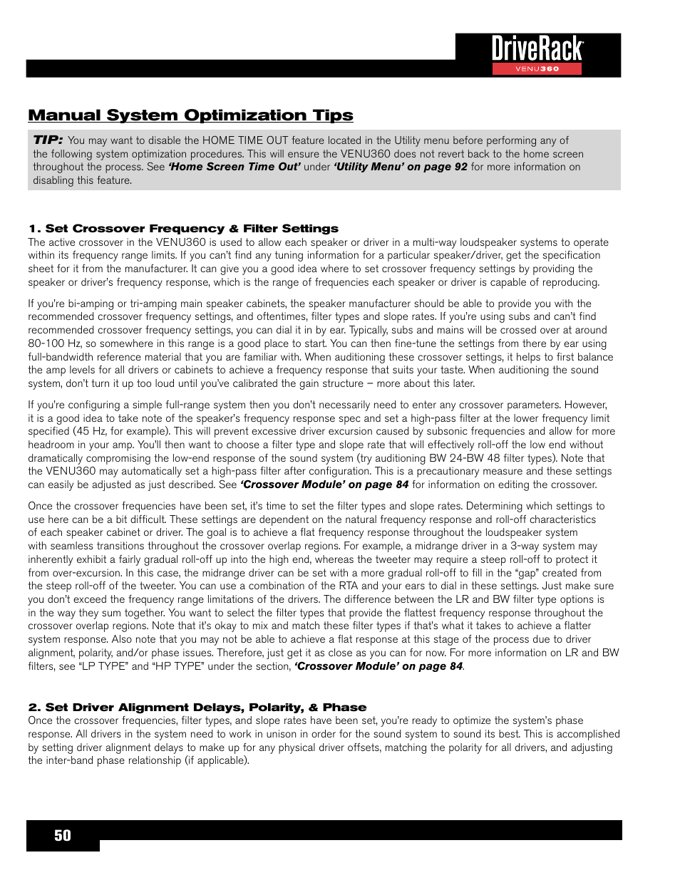 Manual system optimization tips, Set crossover frequency & filter settings, Set driver alignment delays, polarity, & phase | 50 manual system optimization tips | dbx DriveRack VENU360 Loudspeaker Management System User Manual | Page 52 / 127