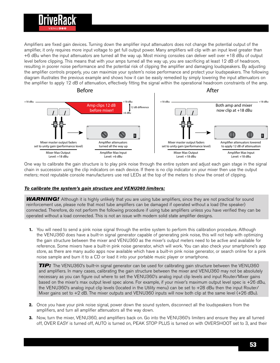 Before, After, Warning | dbx DriveRack VENU360 Loudspeaker Management System User Manual | Page 55 / 127