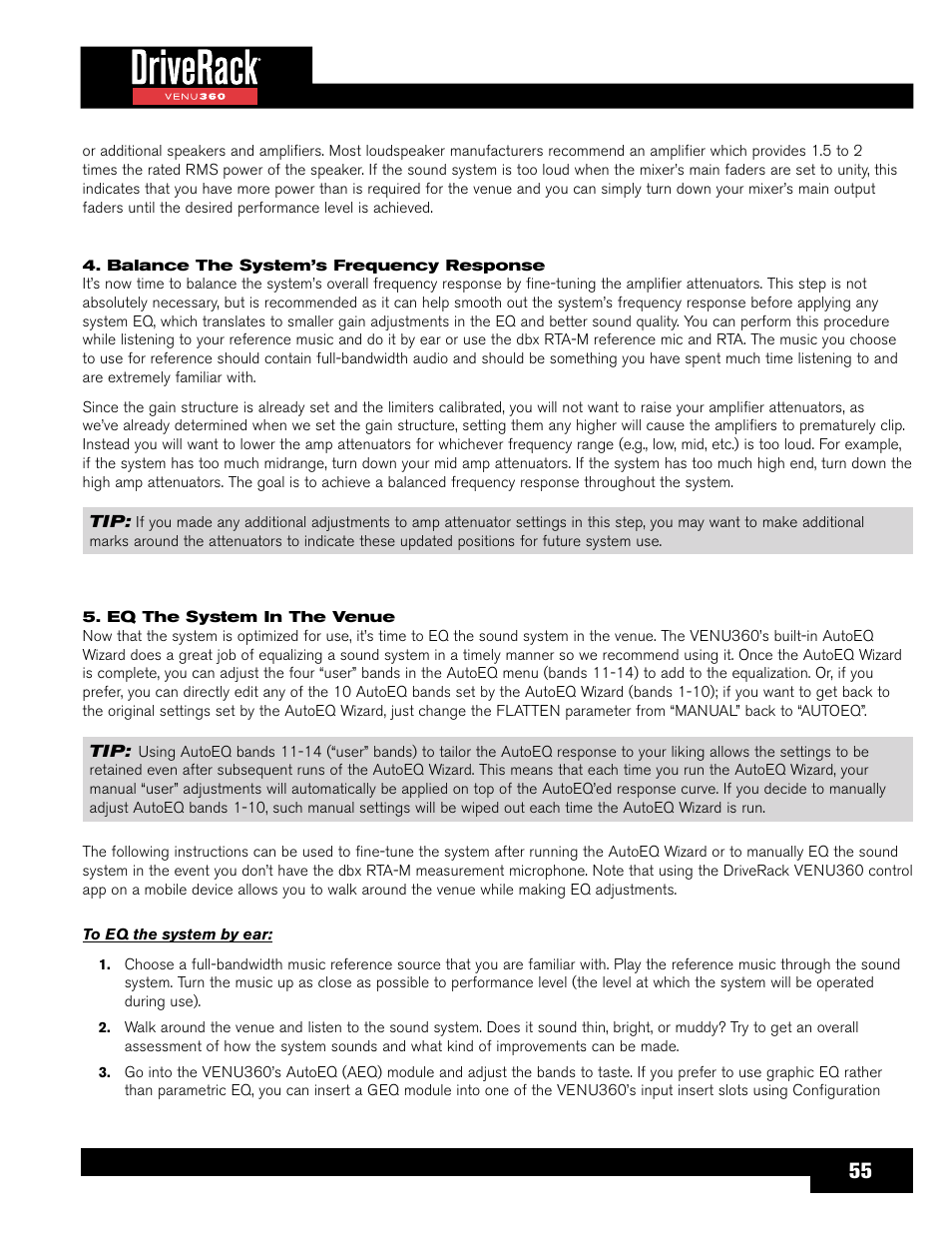 Balance the system’s frequency response, Eq the system in the venue | dbx DriveRack VENU360 Loudspeaker Management System User Manual | Page 57 / 127