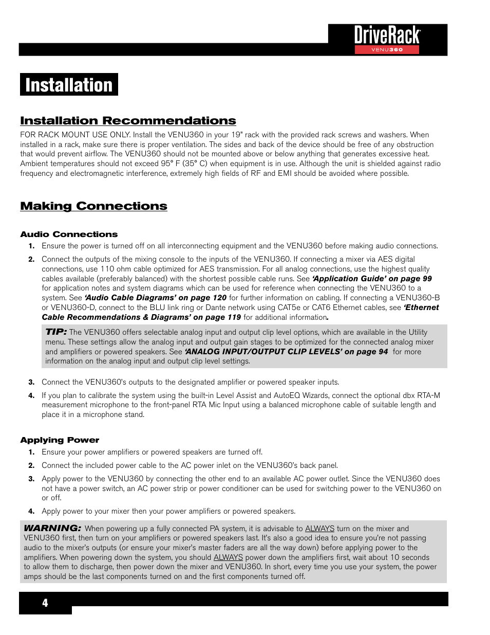 Installation, Installation recommendations, Making connections | dbx DriveRack VENU360 Loudspeaker Management System User Manual | Page 6 / 127