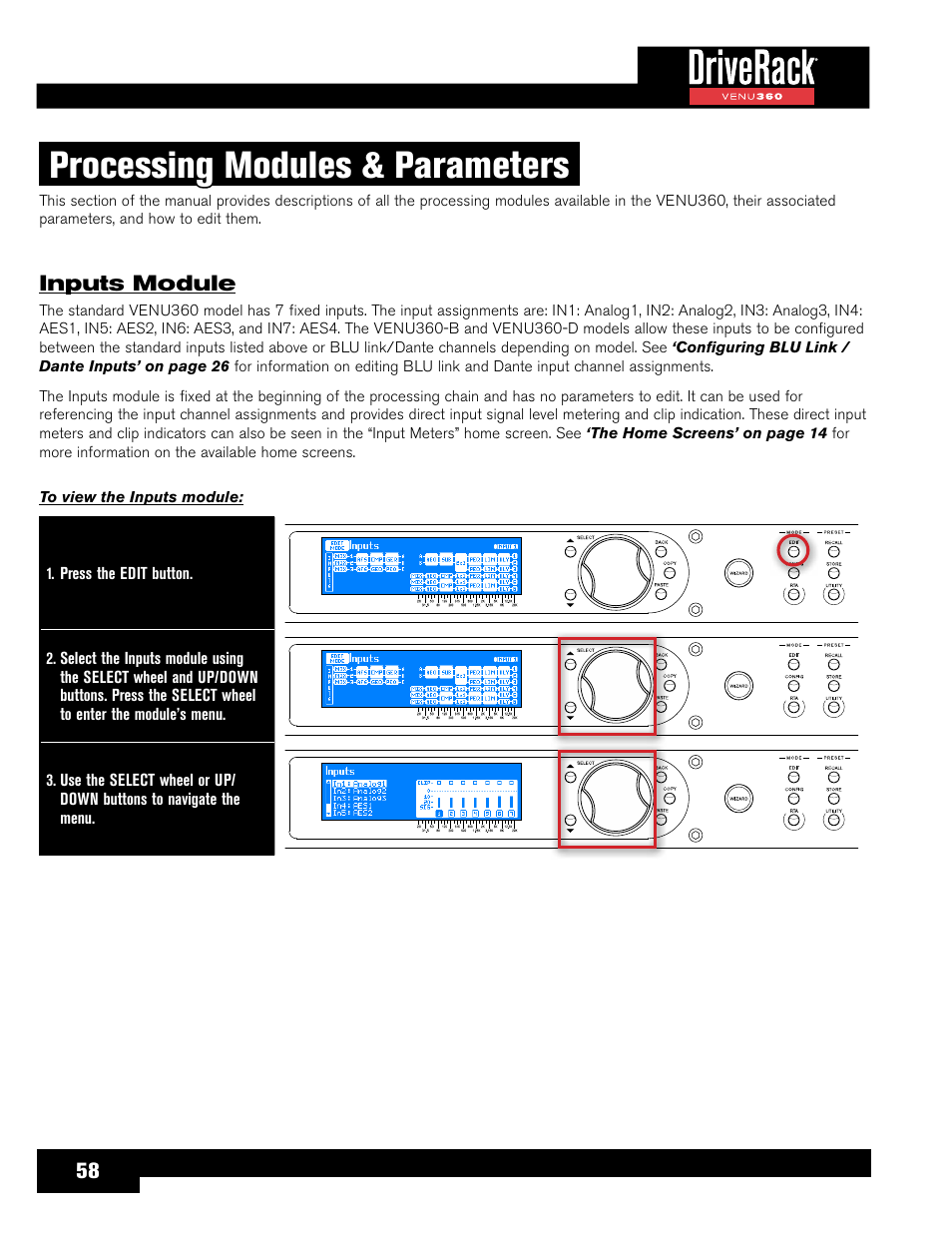 Processing modules & parameters, Inputs module | dbx DriveRack VENU360 Loudspeaker Management System User Manual | Page 60 / 127