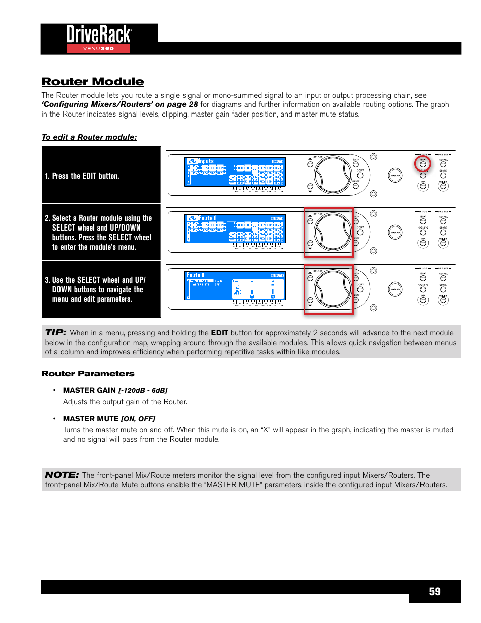 Router module, 59 router module | dbx DriveRack VENU360 Loudspeaker Management System User Manual | Page 61 / 127
