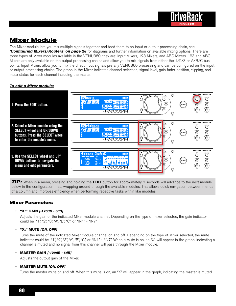 Mixer module, 60 mixer module | dbx DriveRack VENU360 Loudspeaker Management System User Manual | Page 62 / 127