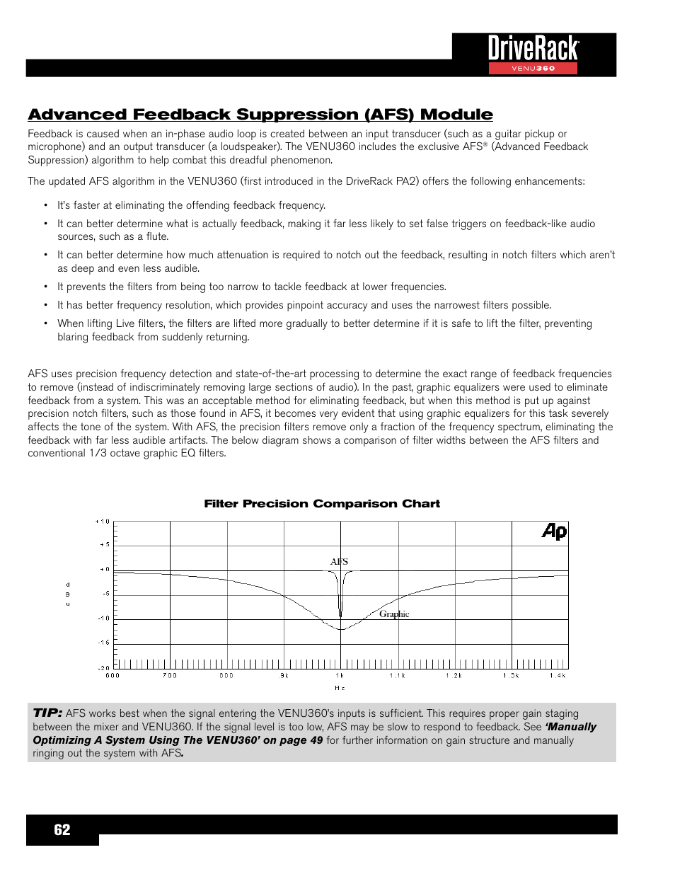 Advanced feedback suppression (afs) module, 62 advanced feedback suppression (afs) module | dbx DriveRack VENU360 Loudspeaker Management System User Manual | Page 64 / 127