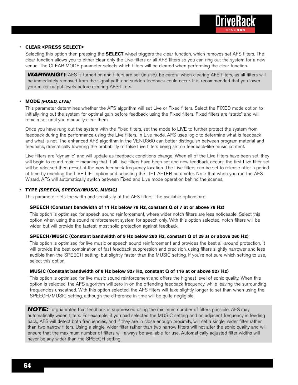 dbx DriveRack VENU360 Loudspeaker Management System User Manual | Page 66 / 127