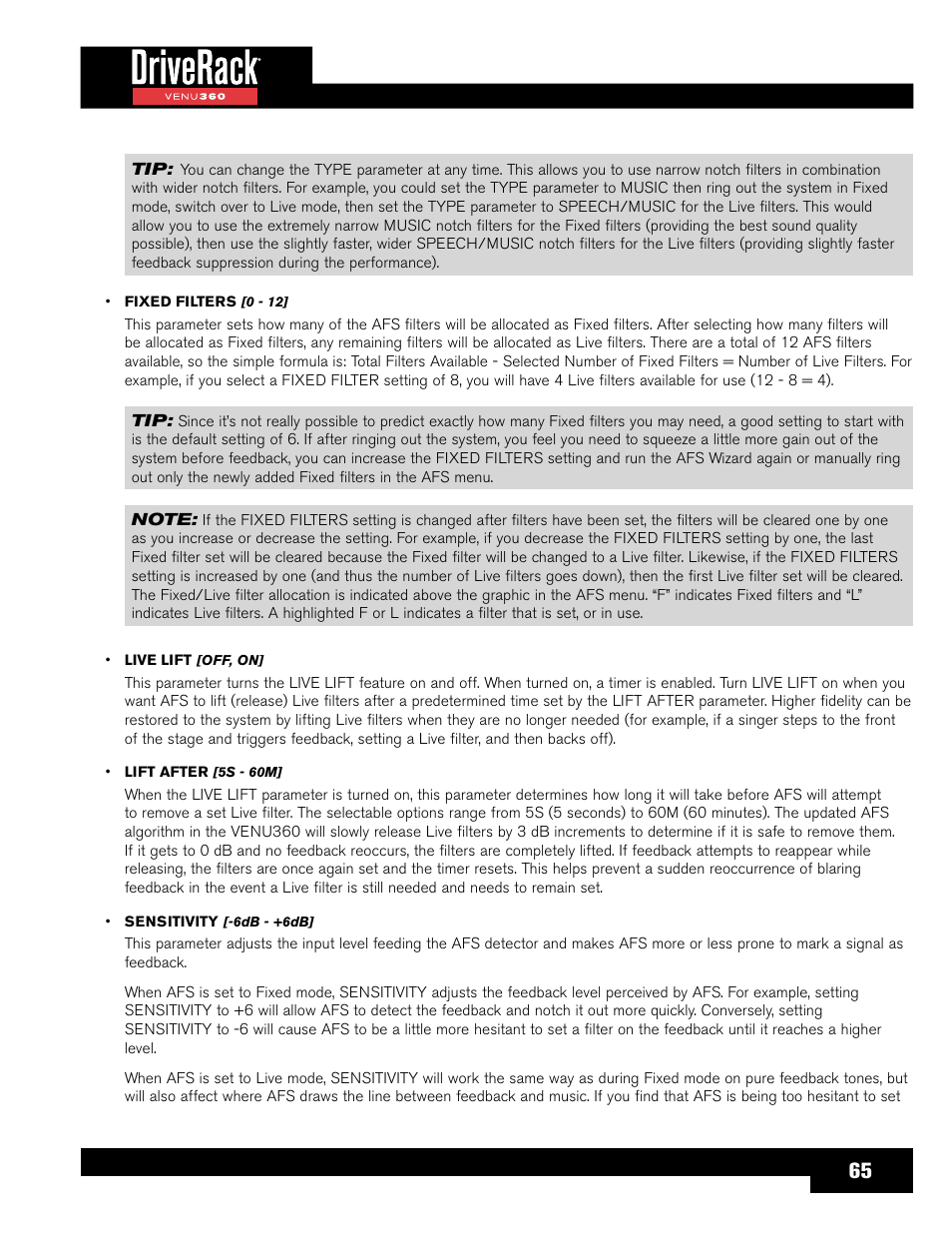 dbx DriveRack VENU360 Loudspeaker Management System User Manual | Page 67 / 127