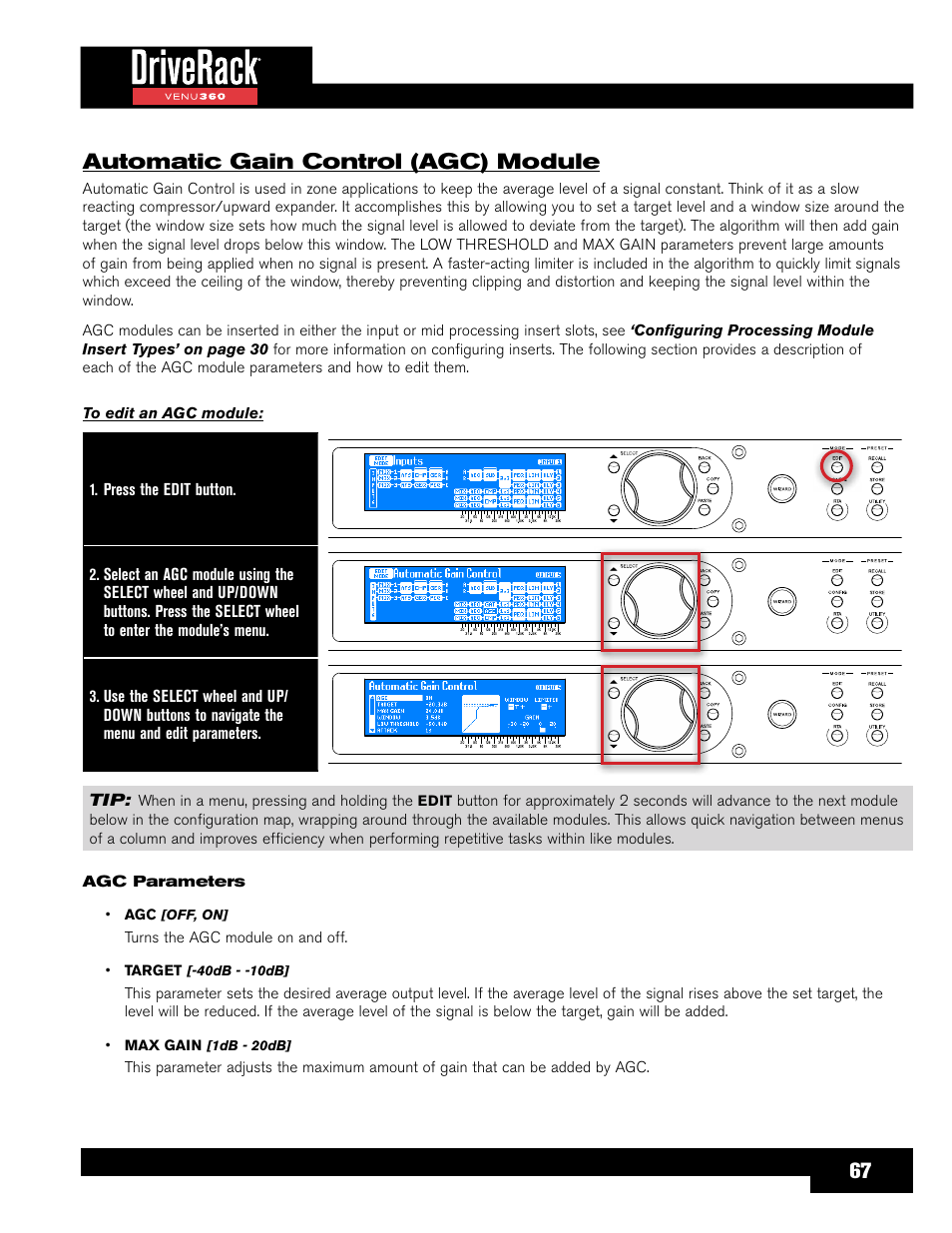 Automatic gain control (agc) module, 67 automatic gain control (agc) module | dbx DriveRack VENU360 Loudspeaker Management System User Manual | Page 69 / 127