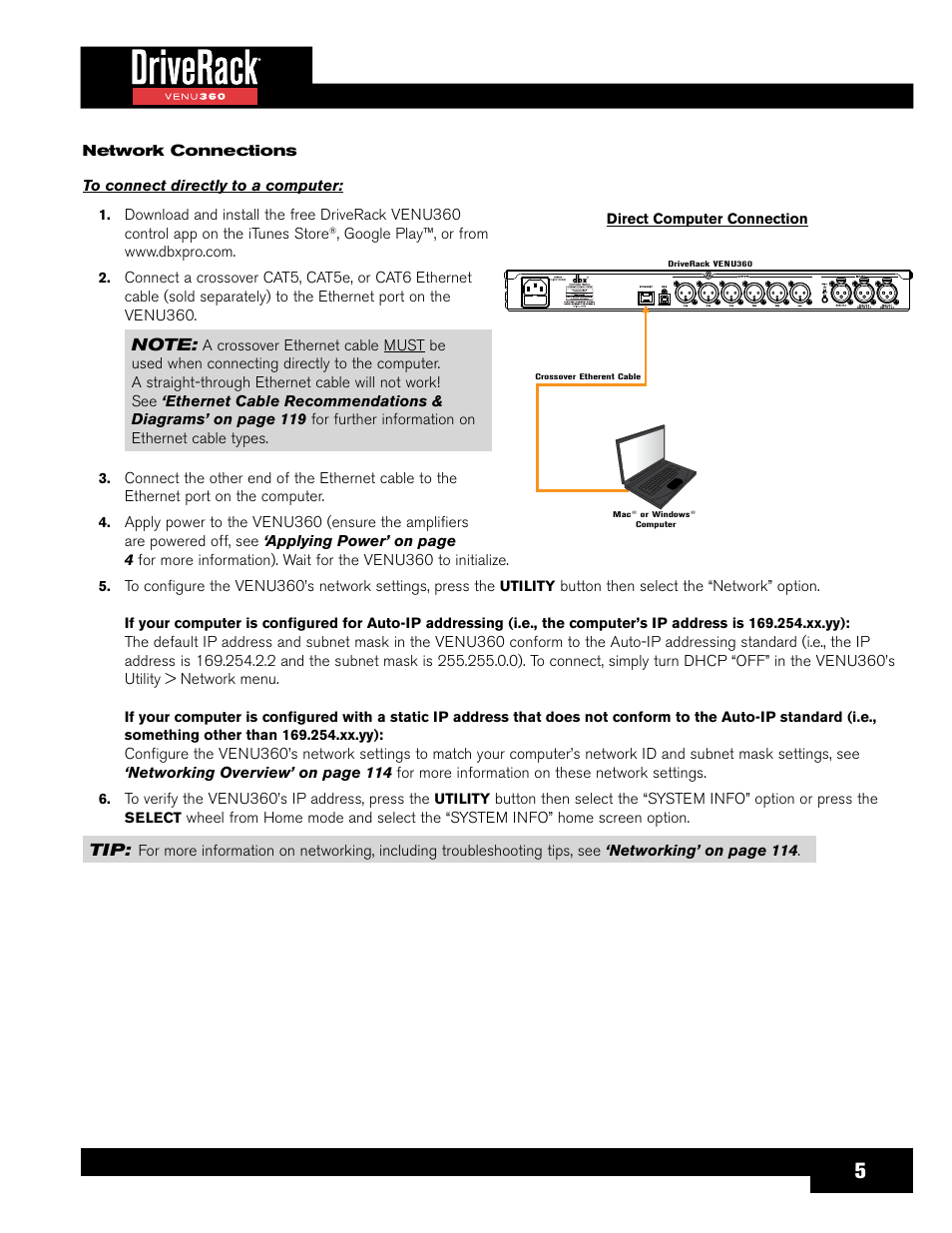 Button then select the “network” option, Utility, Select | Direct computer connection | dbx DriveRack VENU360 Loudspeaker Management System User Manual | Page 7 / 127