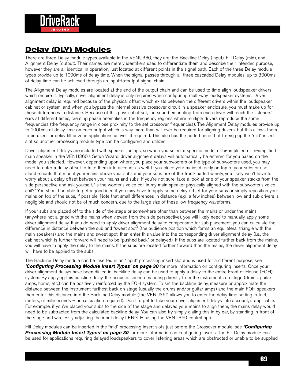 Delay (dly) modules, 69 delay (dly) modules | dbx DriveRack VENU360 Loudspeaker Management System User Manual | Page 71 / 127