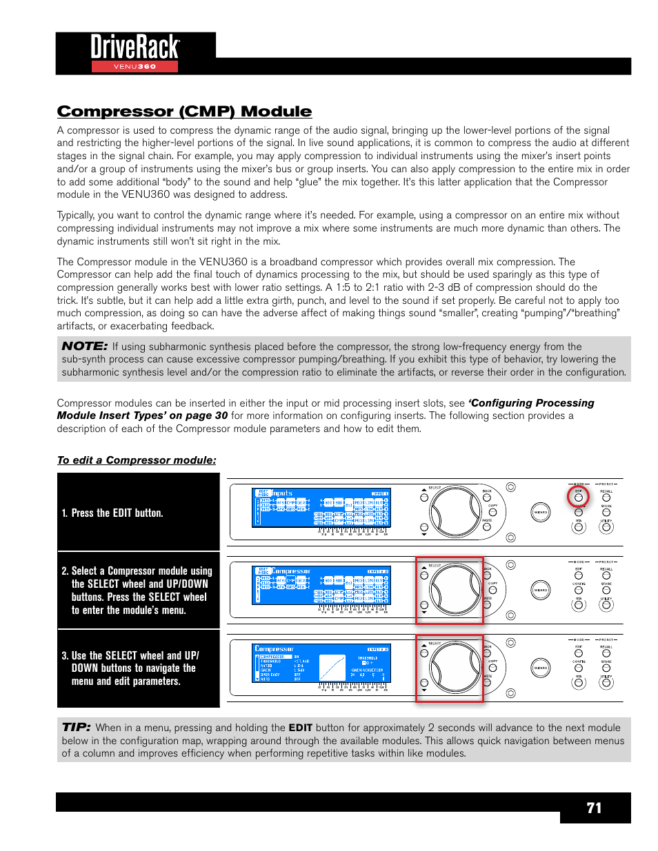 Compressor (cmp) module, Compressor (cmp) module’ on, 71 compressor (cmp) module | dbx DriveRack VENU360 Loudspeaker Management System User Manual | Page 73 / 127