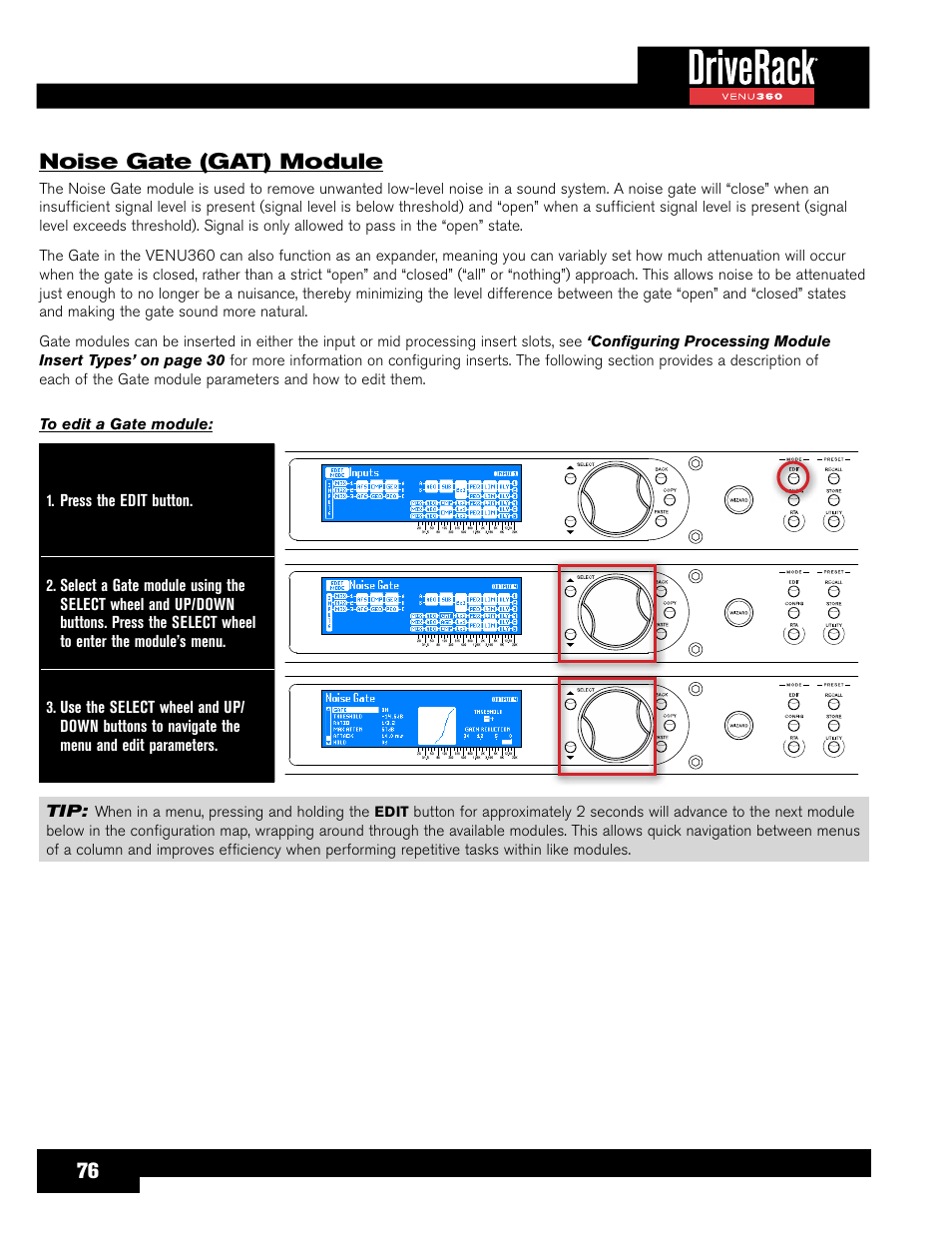 Noise gate (gat) module, 76 noise gate (gat) module | dbx DriveRack VENU360 Loudspeaker Management System User Manual | Page 78 / 127