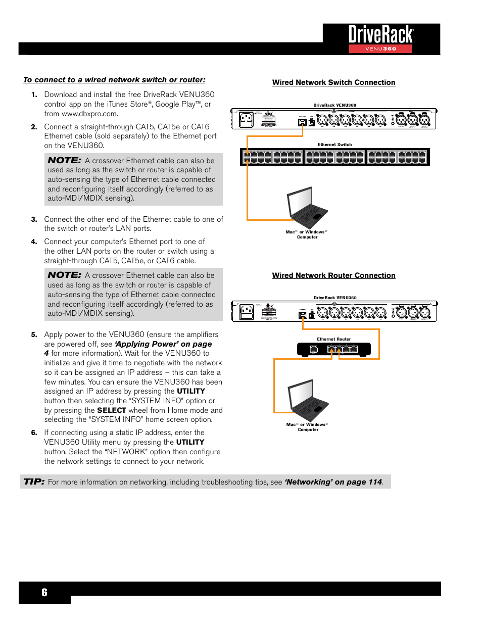 Utility, Select, Wired network switch connection | Wired network router connection | dbx DriveRack VENU360 Loudspeaker Management System User Manual | Page 8 / 127