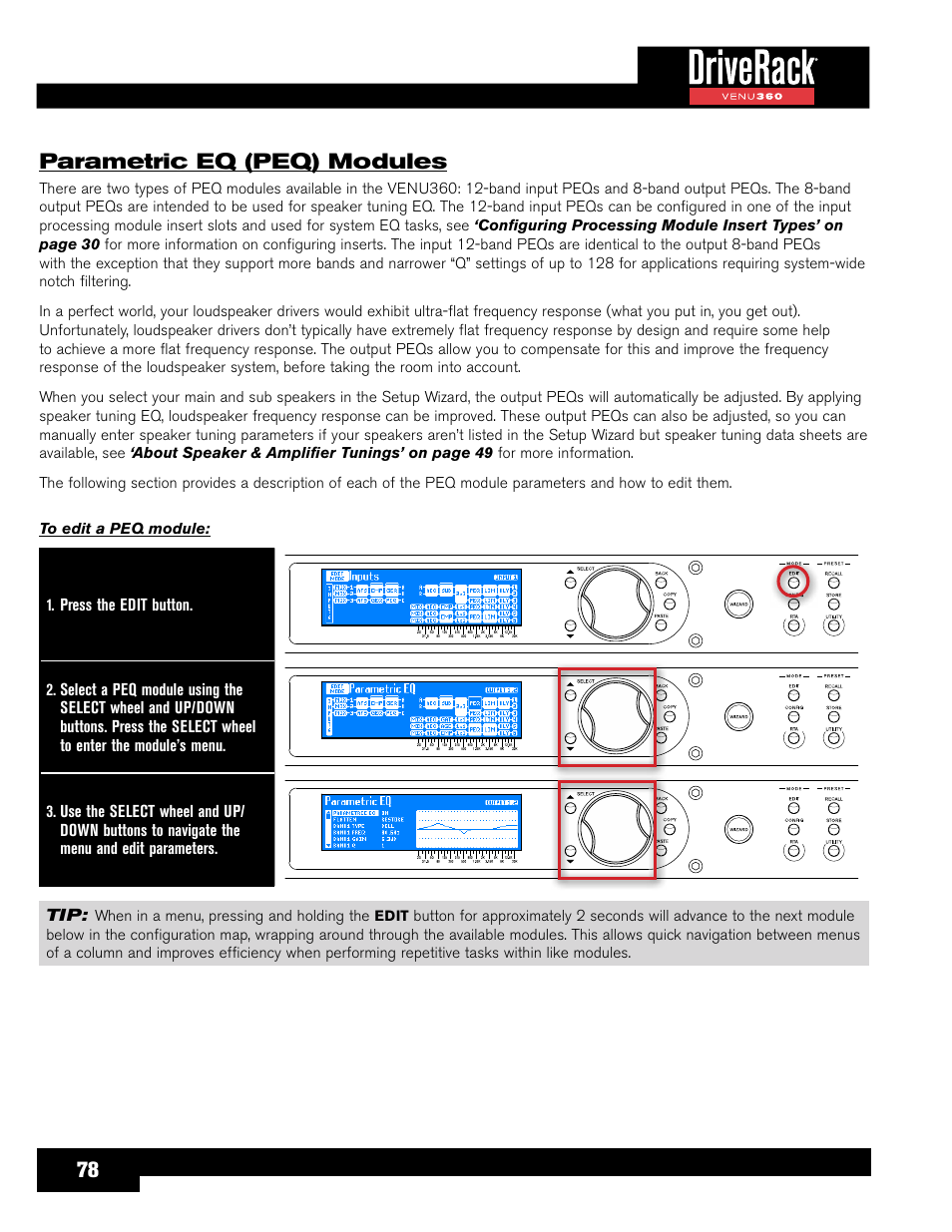Parametric eq (peq) modules, 78 parametric eq (peq) modules | dbx DriveRack VENU360 Loudspeaker Management System User Manual | Page 80 / 127