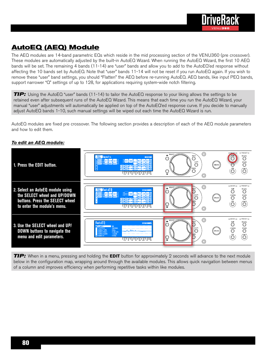 Autoeq (aeq) module, 80 autoeq (aeq) module | dbx DriveRack VENU360 Loudspeaker Management System User Manual | Page 82 / 127