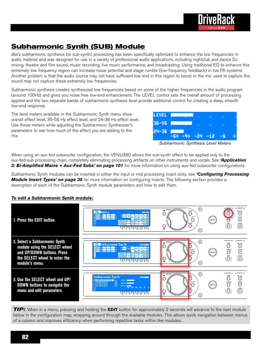 Subharmonic synth (sub) module, 82 subharmonic synth (sub) module | dbx DriveRack VENU360 Loudspeaker Management System User Manual | Page 84 / 127