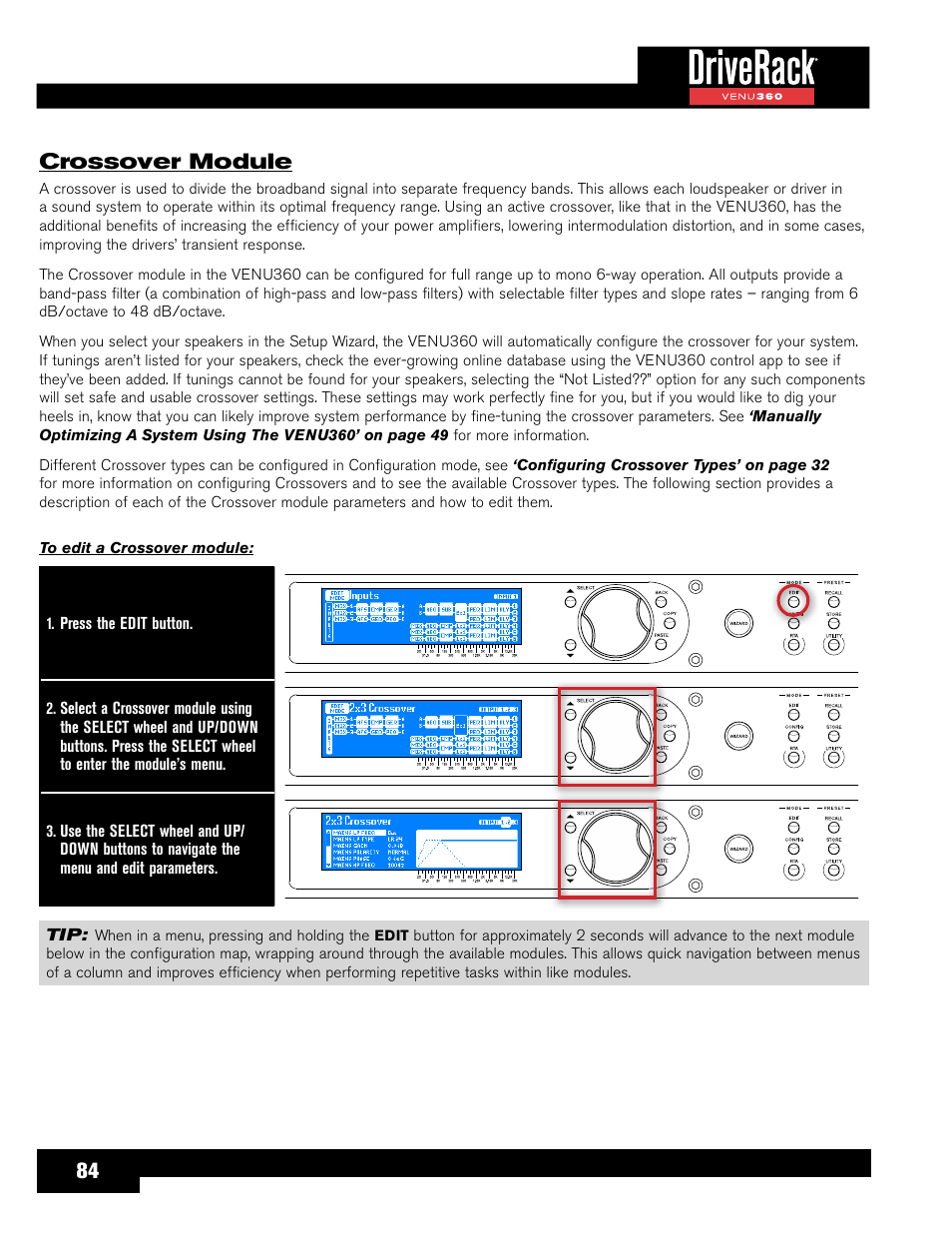 Crossover module, Can easily be adjusted as just described. see, 84 crossover module | dbx DriveRack VENU360 Loudspeaker Management System User Manual | Page 86 / 127