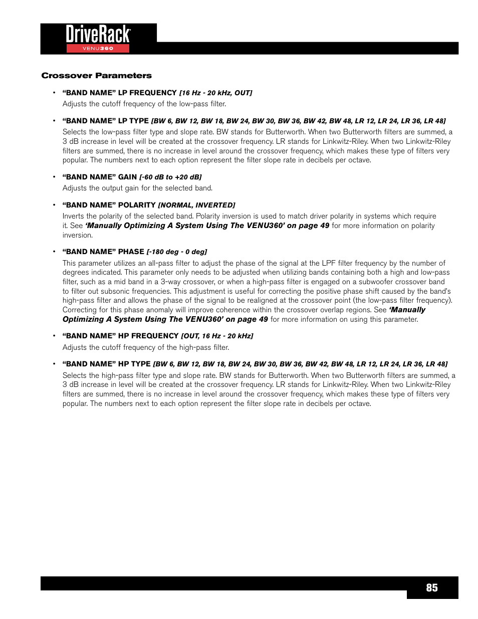 dbx DriveRack VENU360 Loudspeaker Management System User Manual | Page 87 / 127