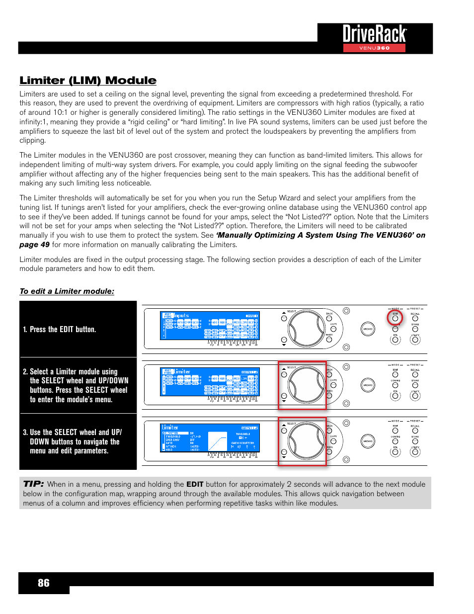 Limiter (lim) module, 86 limiter (lim) module | dbx DriveRack VENU360 Loudspeaker Management System User Manual | Page 88 / 127