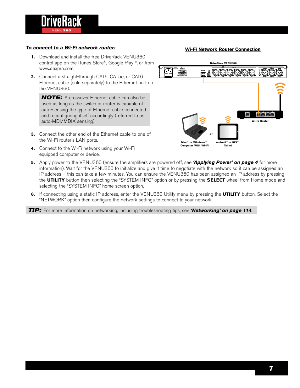 Utility, Select, Wi-fi network router connection | dbx DriveRack VENU360 Loudspeaker Management System User Manual | Page 9 / 127