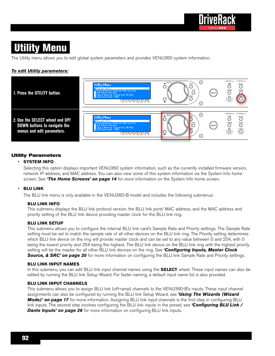 Utility menu, For more information, U link routing in all the presets. see | For information on, Eature, see | dbx DriveRack VENU360 Loudspeaker Management System User Manual | Page 94 / 127