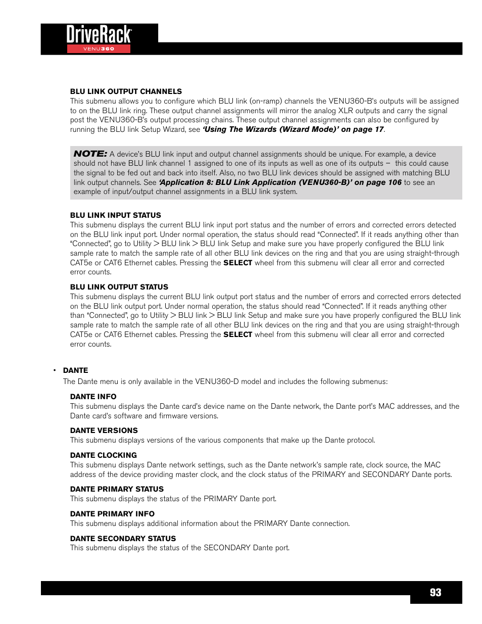 Menu, see | dbx DriveRack VENU360 Loudspeaker Management System User Manual | Page 95 / 127