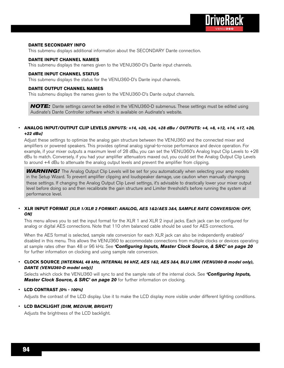 Analog | dbx DriveRack VENU360 Loudspeaker Management System User Manual | Page 96 / 127