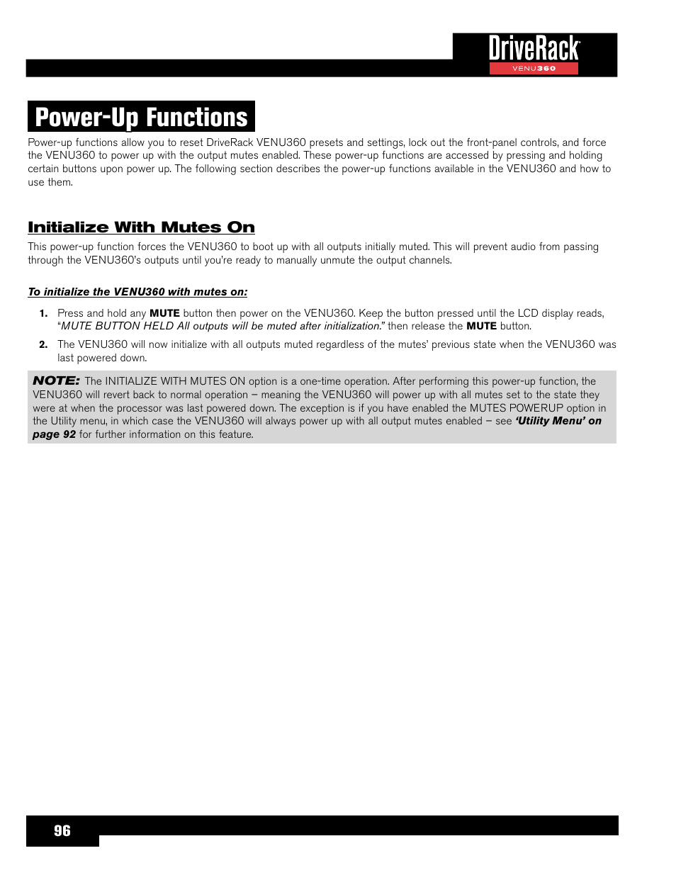 Power-up functions, Initialize with mutes on | dbx DriveRack VENU360 Loudspeaker Management System User Manual | Page 98 / 127