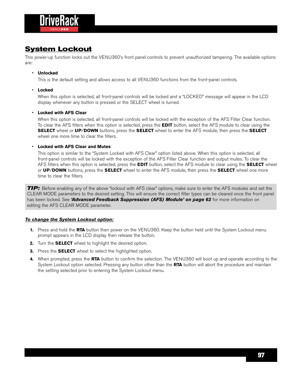 System lockout, 97 system lockout | dbx DriveRack VENU360 Loudspeaker Management System User Manual | Page 99 / 127