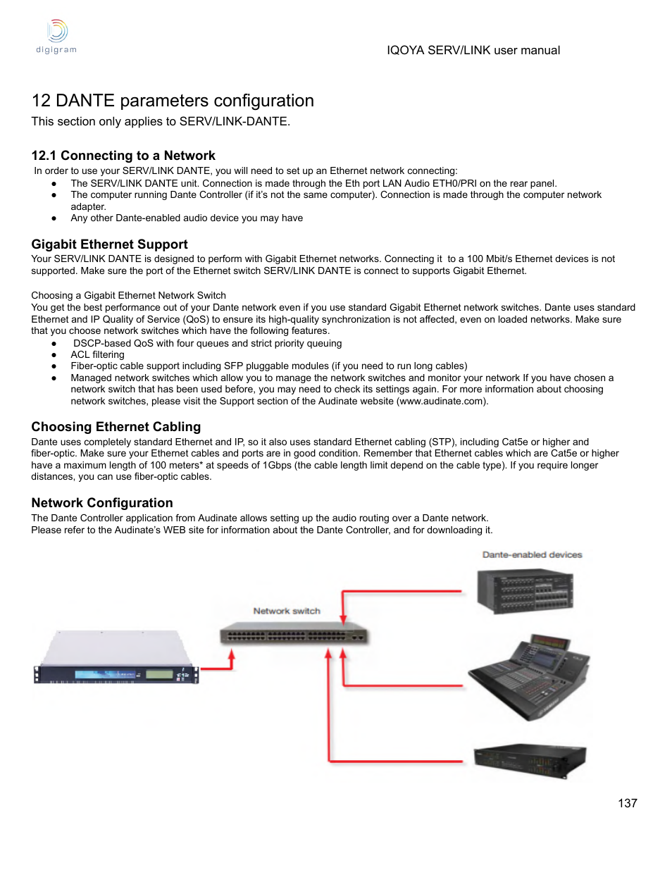 12 dante parameters configuration, 1 connecting to a network | Digigram Software for IQOYA SERV/LINK 88 (Upgrades from 8 Codecs to 16) User Manual | Page 137 / 160