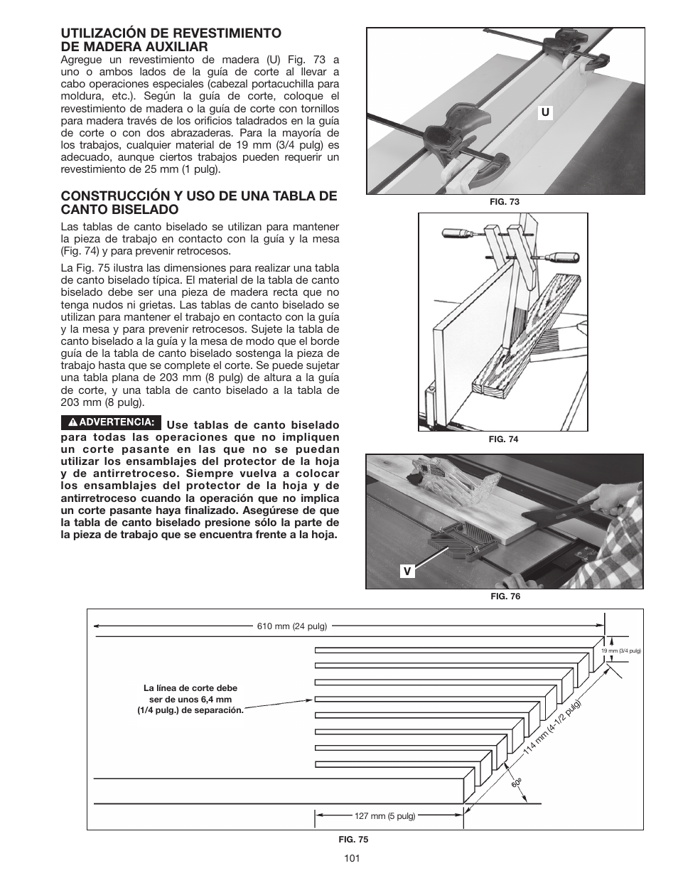 Utilización de revestimiento de madera auxiliar, Construcción y uso de una tabla de canto biselado | Delta UNISAW 36-L352 User Manual | Page 101 / 108