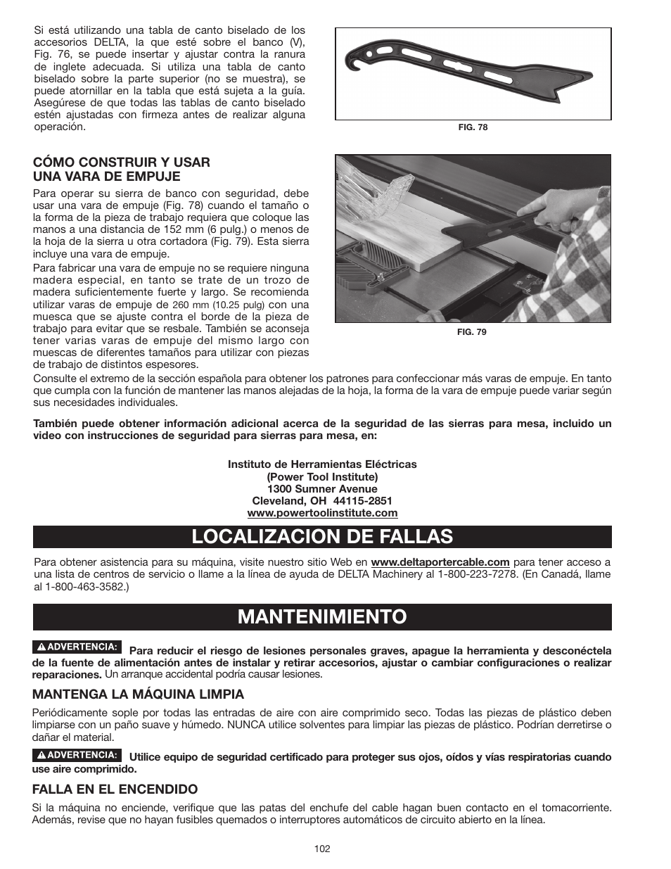 Localizacion de fallas, Mantenimiento | Delta UNISAW 36-L352 User Manual | Page 102 / 108