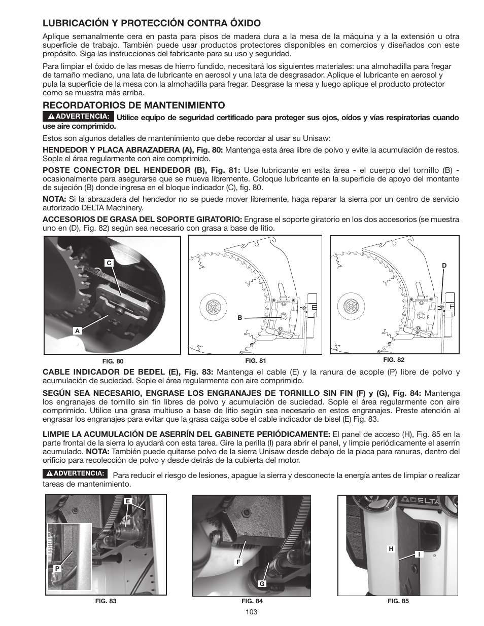 Lubricación y protección contra óxido, Recordatorios de mantenimiento | Delta UNISAW 36-L352 User Manual | Page 103 / 108