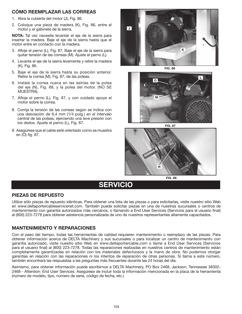 Servicio | Delta UNISAW 36-L352 User Manual | Page 104 / 108