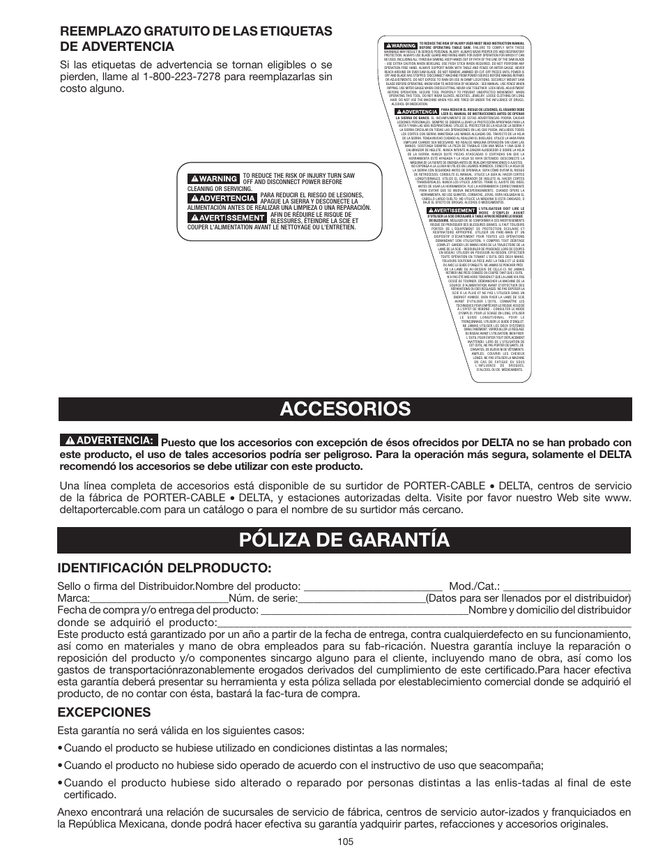 Accesorios, Póliza de garantía, Reemplazo gratuito de las etiquetas de advertencia | Identificación delproducto, Excepciones | Delta UNISAW 36-L352 User Manual | Page 105 / 108