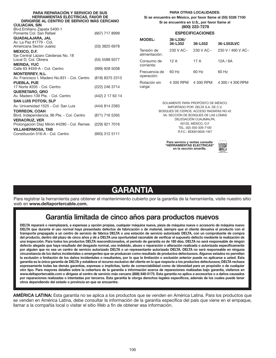 Garantia | Delta UNISAW 36-L352 User Manual | Page 106 / 108