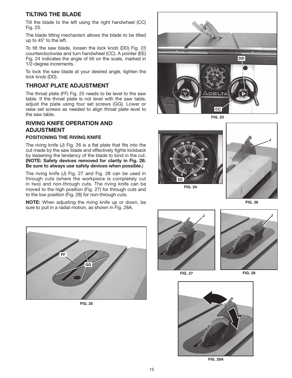 Tilting the blade, Throat plate adjustment, Riving knife operation and adjustment | Delta UNISAW 36-L352 User Manual | Page 15 / 108