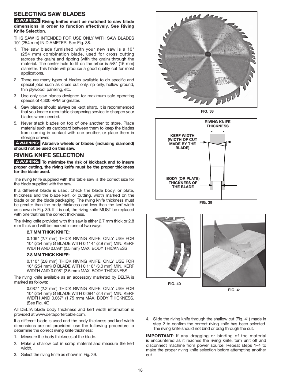 Selecting saw blades, Riving knife selection | Delta UNISAW 36-L352 User Manual | Page 18 / 108