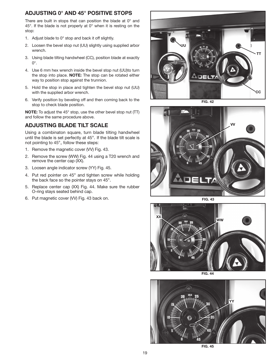 Adjusting 0° and 45° positive stops, Adjusting blade tilt scale | Delta UNISAW 36-L352 User Manual | Page 19 / 108