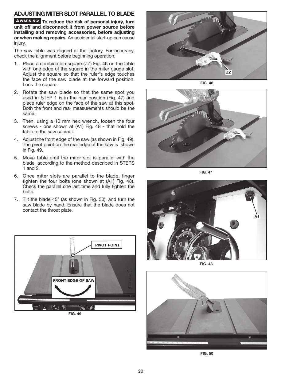 Adjusting miter slot parallel to blade | Delta UNISAW 36-L352 User Manual | Page 20 / 108