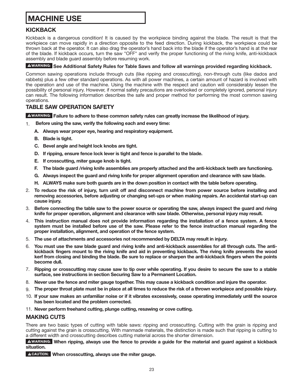 Machine use | Delta UNISAW 36-L352 User Manual | Page 23 / 108